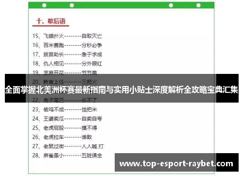 全面掌握北美洲杯赛最新指南与实用小贴士深度解析全攻略宝典汇集