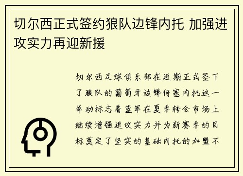 切尔西正式签约狼队边锋内托 加强进攻实力再迎新援 切尔西正式签约狼队边锋内托 加强进攻实力再迎新援